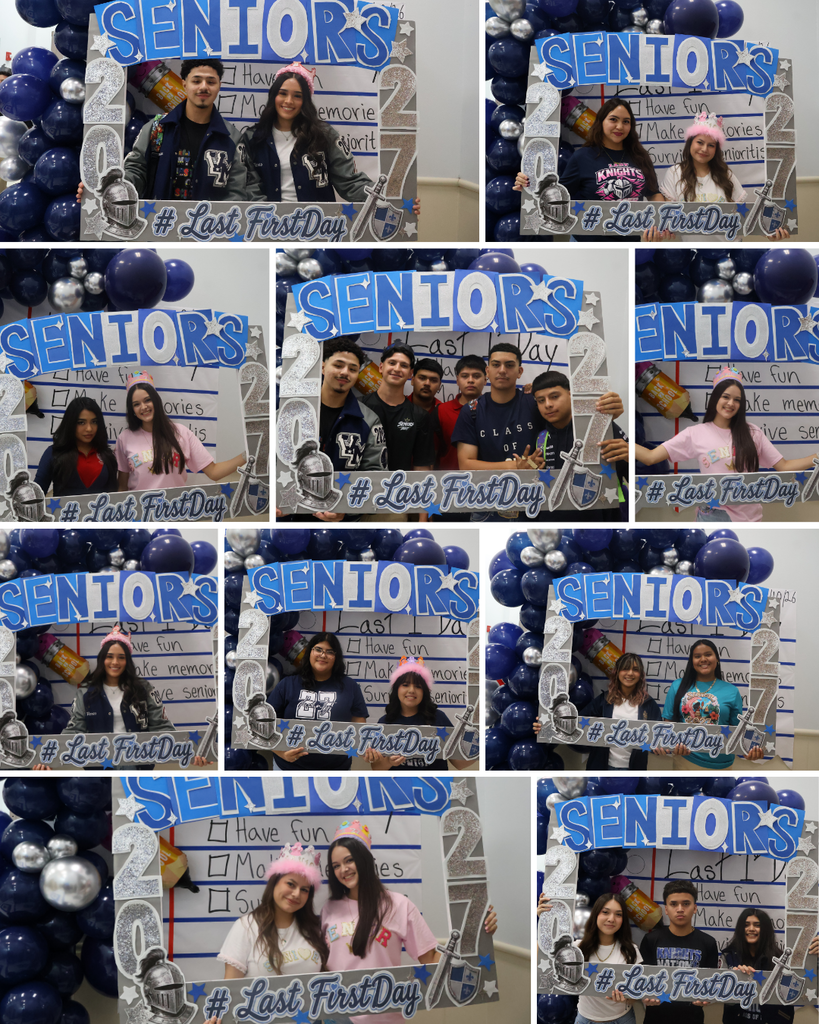 Multiple photos of students, each with a blue and silver balloon backdrop. Text reads "SENIORS" and "#LastFirstDay".