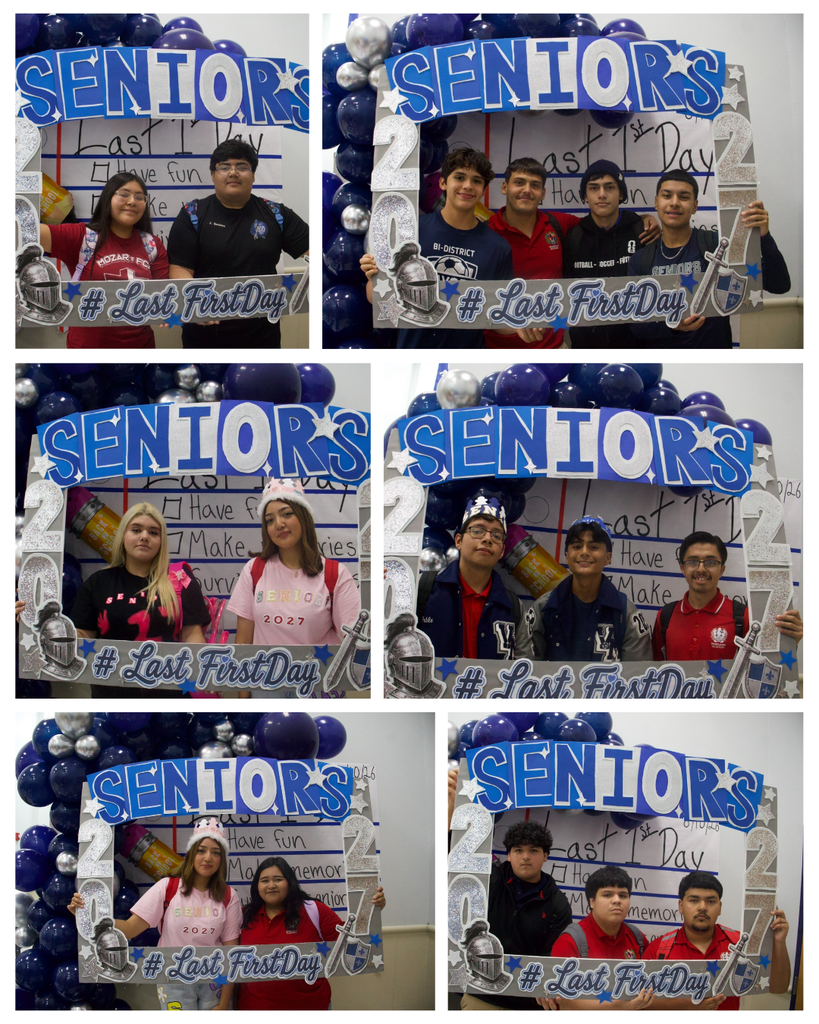 Nine photos of students standing in front of a backdrop with balloons and text reading "Seniors" and "#LastFirstDay".