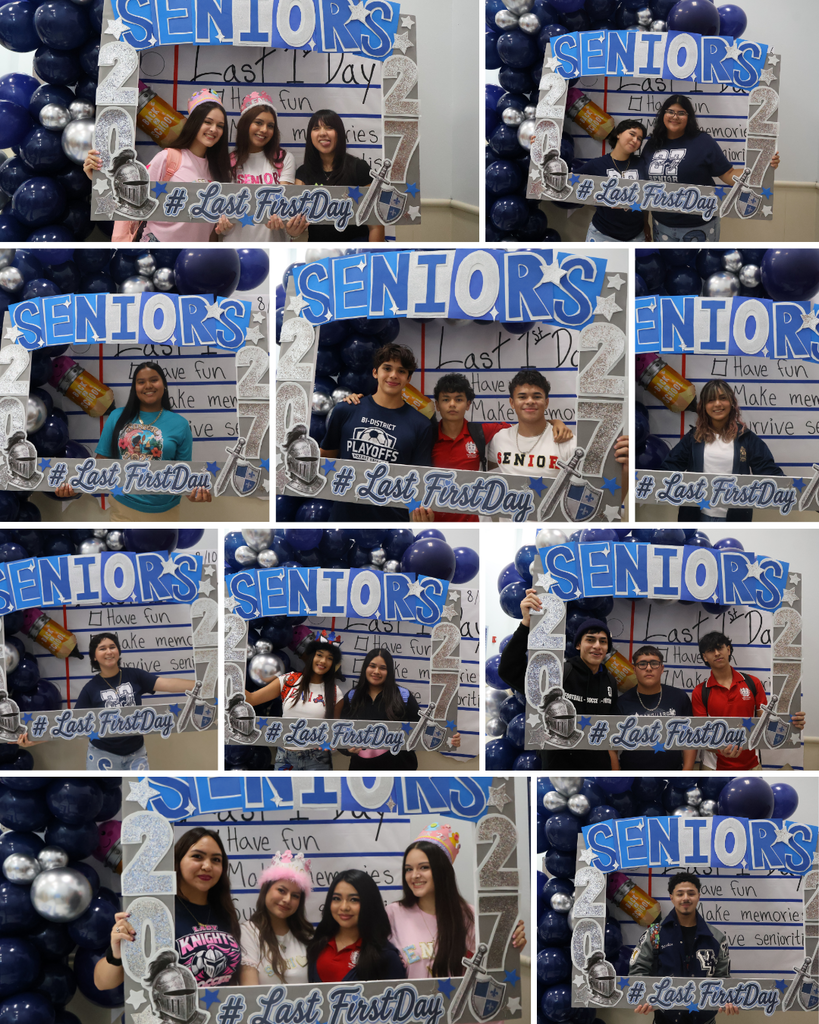 Nine photos of students at a high school event. Each photo is within a photo booth frame with "Seniors" and "#LastFirstDay" on top.