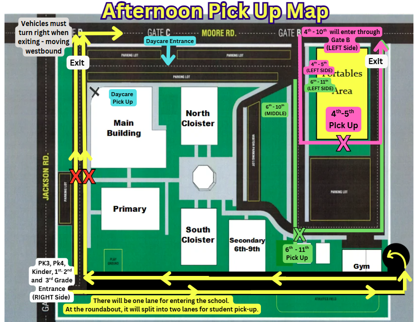 A school map displays the afternoon pick-up layout with various areas marked. Labels indicate pick-up locations, exits, and directional arrows.