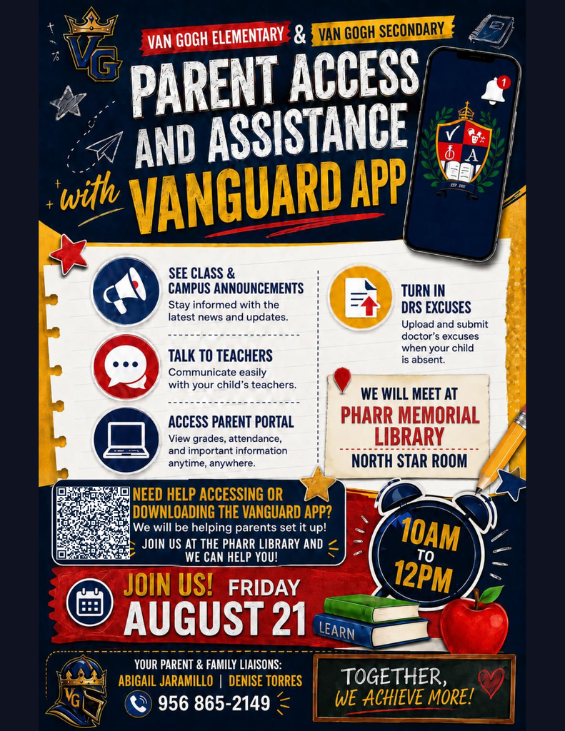 Poster about the Vanguard App for parents. Features icons of a phone, book, and apple.