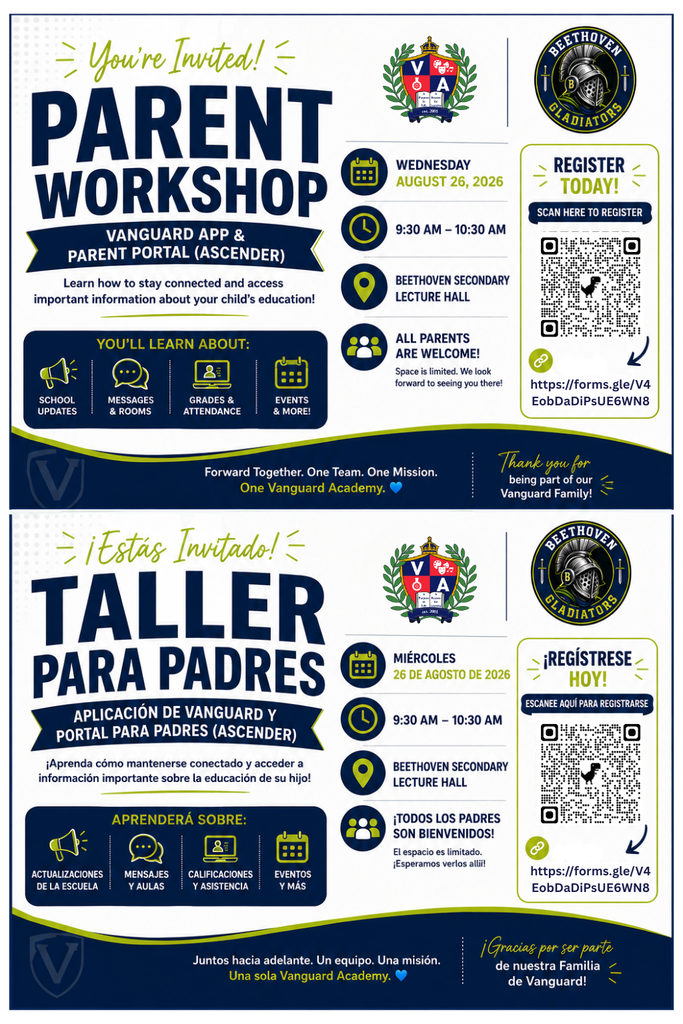 A bilingual flyer promotes a parent workshop with details about the app, portal, grades, events, and QR code for registration.