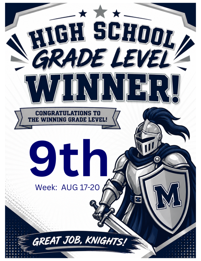 A graphic design features a knight in armor holding a sword. It reads "High School Grade Level Winner!" and "9th Week: Aug 17-20".