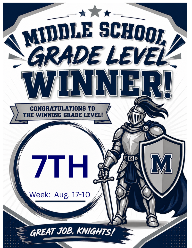 Middle school poster announces the 7th grade as the winning level for a competition. A knight stands with a sword and shield.