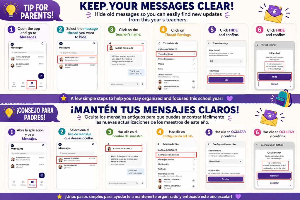 A webpage showing six steps with icons for managing messages, including opening the app and hiding old messages.