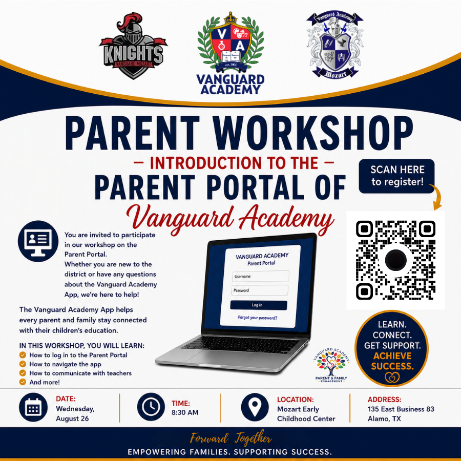 A flyer for a Parent Workshop at Vanguard Academy. It features a laptop, QR code, and details about the event.