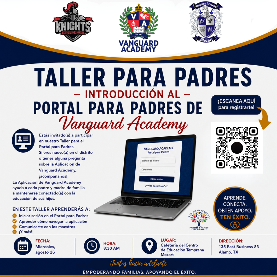 Flyer for a Vanguard Academy parents' portal, featuring a laptop, QR code, and icons for time, location, and direction.