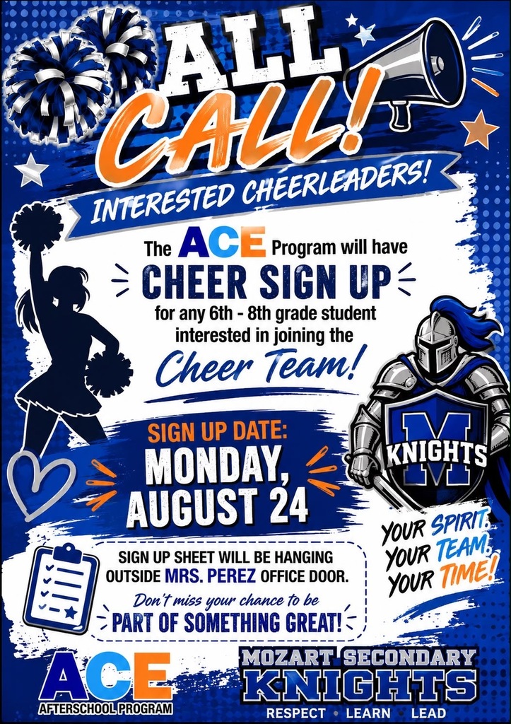 Poster with blue and white colors, announcing a sign-up for an Ace Cheerleaders Program for 6th-8th graders.