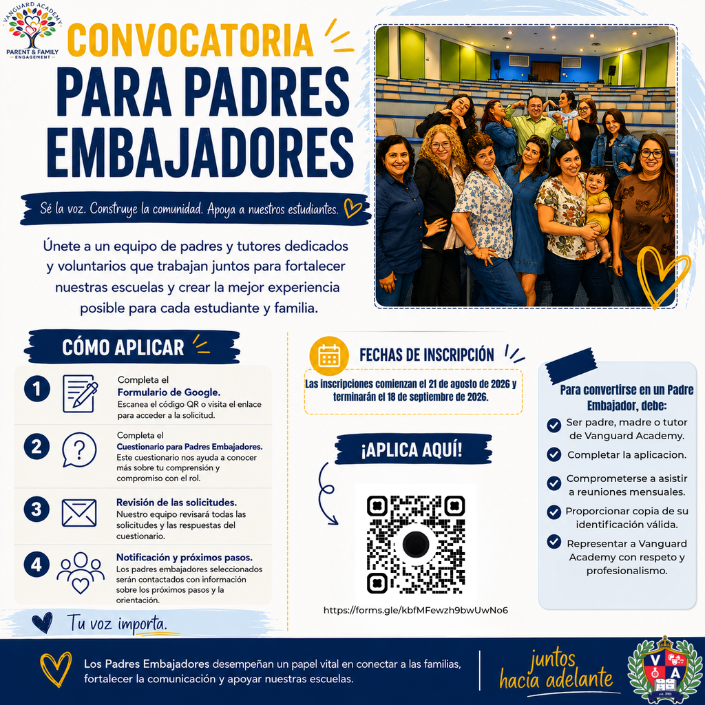 Advertisement poster for a parent-ambassador program. It includes a group photo of smiling people and details on registration.