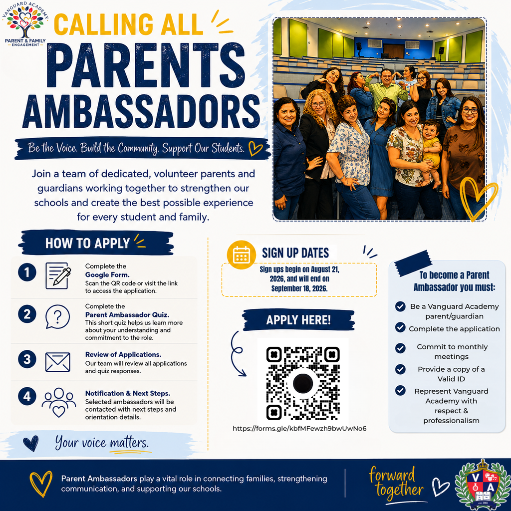 A flyer invites parents to become ambassadors. It shows a group of people, a QR code, and instructions on how to apply.