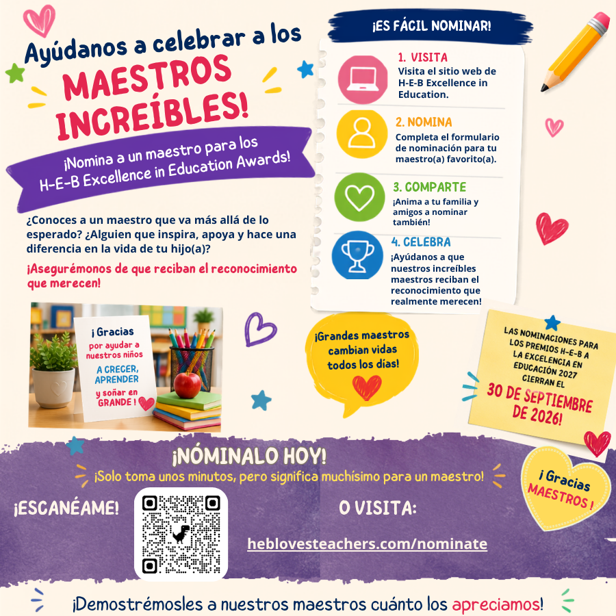 Brightly colored poster with text in Spanish and icons. Icons include a pencil, person, heart, and a computer. Text reads "Ayudandos a los maestros increíbles" and more.