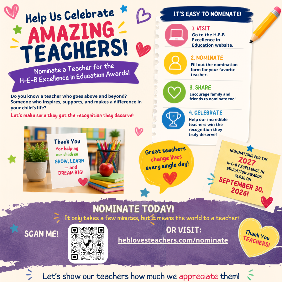 An informational poster about a teacher recognition program features steps to nominate, a QR code, and a thank you message.