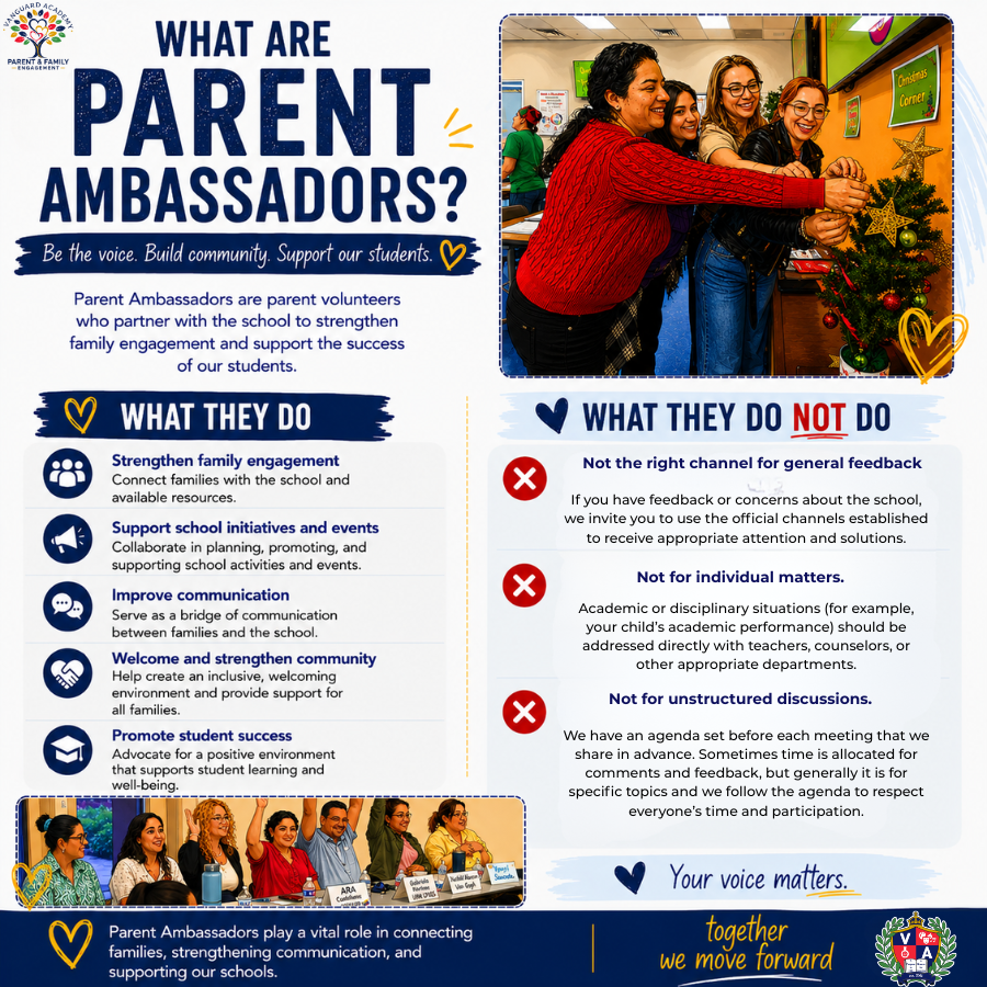 A flyer explains roles of parent ambassadors. Text and images depict activities and responsibilities, including strengthening family engagement and not handling individual academic concerns.