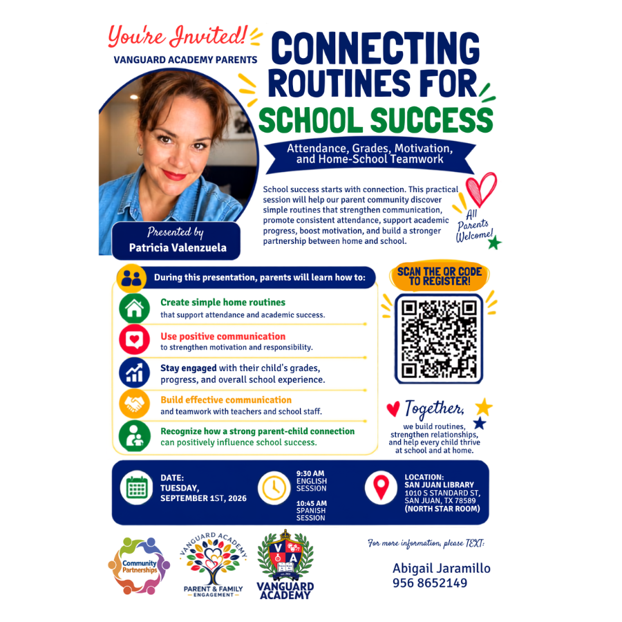 An invitation flyer shows a smiling woman and a QR code. It includes a date, time, and location, along with details about a school success presentation.