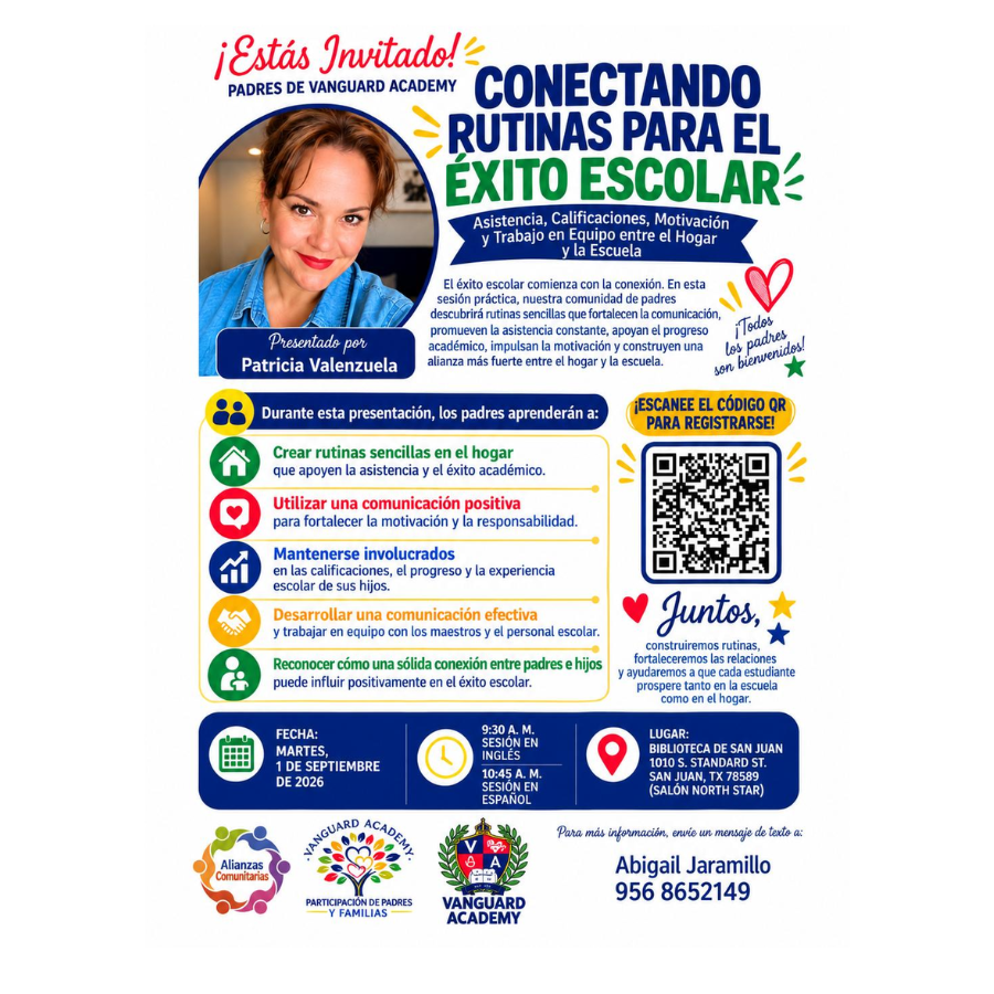 A flyer invites participants to a "Conectando Rutinas Para El Exito Escolar" event. A woman's photo is featured, with a QR code, contact info, and an event date.
