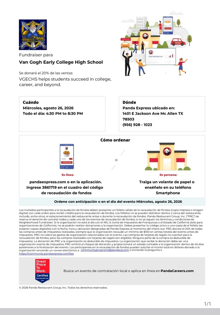 A flyer contains text and images. It features a title, "Fundraiser para Van Gogh Early College High School." Below, it lists a date and location.