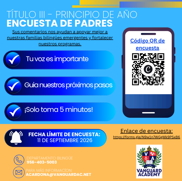 Advertisement for an annual parent survey. It has a QR code, contact information, and a date of September 11, 2026.