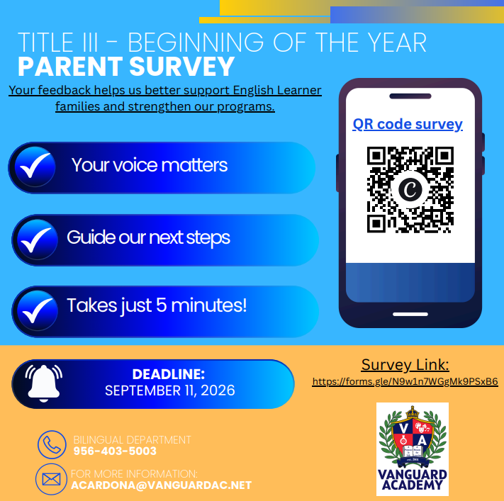 Blue and yellow background with a phone displaying a QR code. Text reads "Title III - Parent Survey" and "Deadline: September 11, 2026."