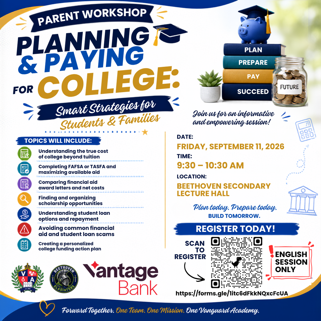 Poster with text "Parent Workshop Planning & Paying for College: Smart Strategies for Students & Families" includes topics, date, and QR code for registration.