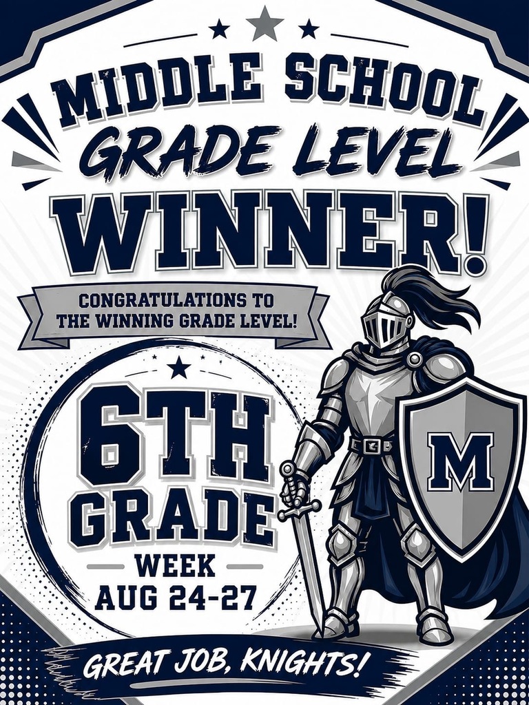 A graphic design with a knight holding a sword and shield, and "Middle School Grade Level Winner!" text above.