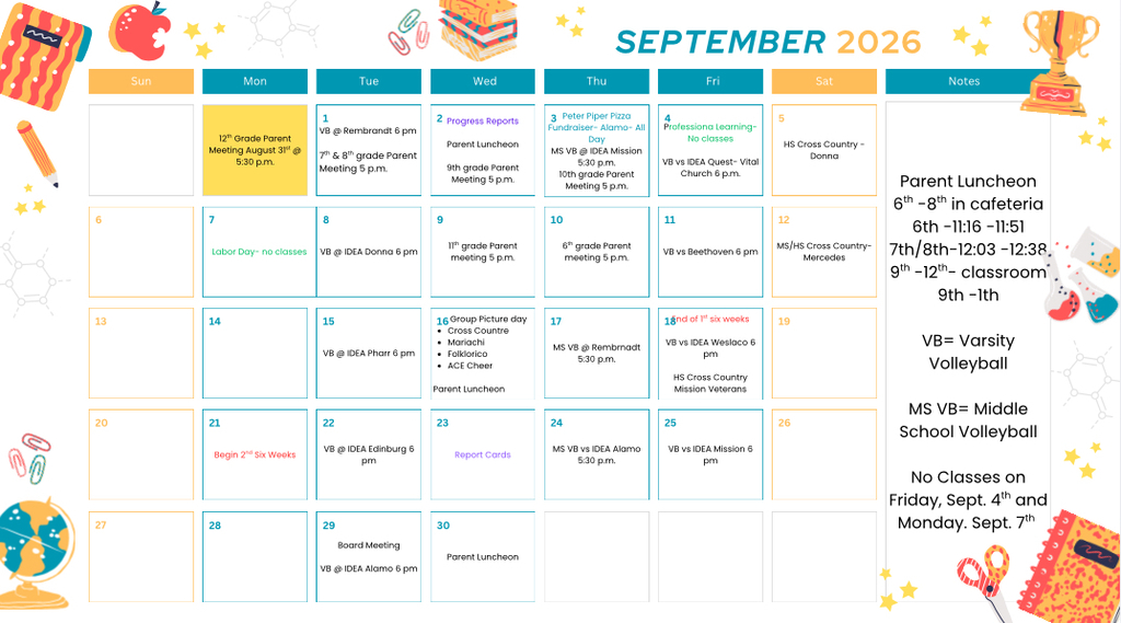 A September 2026 calendar with events like Parent luncheon, VB Varsity Volleyball, and MS 7th-8th Middle School Volleyball.