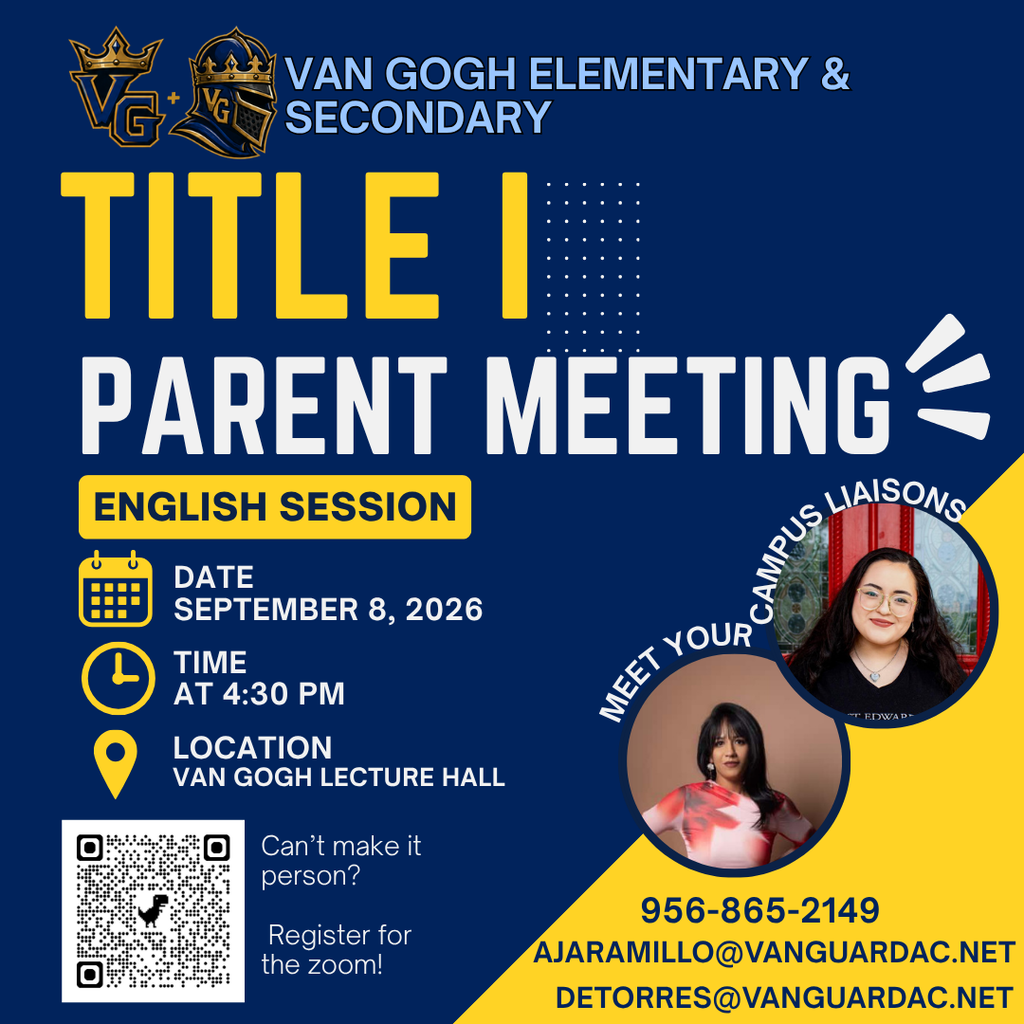 A poster for a Title I parent meeting in English. Date: Sept 8, 2026. Time: 4:30 PM. Location: Van Gogh Lecture Hall.