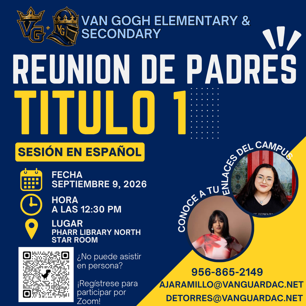 Blue, white, and yellow banner. Spanish text. Two photos of women. QR code. Meeting details for Van Gogh Elementary & Secondary reunion.