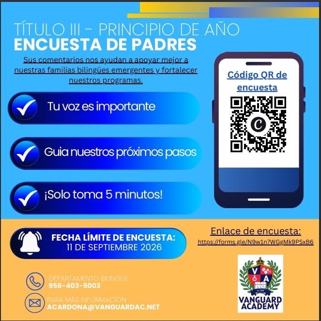 Bright blue background with white text and icons. A phone displays a QR code. Text reads "Tu voz es importante" and "Encuesta de Padres".