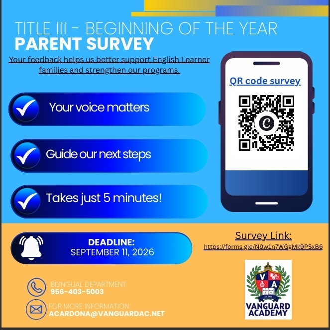 An advertisement for the Title III Parent Survey. It includes a QR code for quick access. Deadline: September 11, 2026.