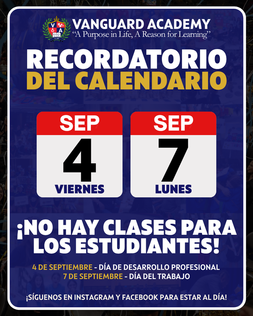 Blue banner with a white border. It reads "RECORDATORIO DEL CALENDARIO" with two dates, September 4 and 7. Text says "No hay clases para los estudiantes!"