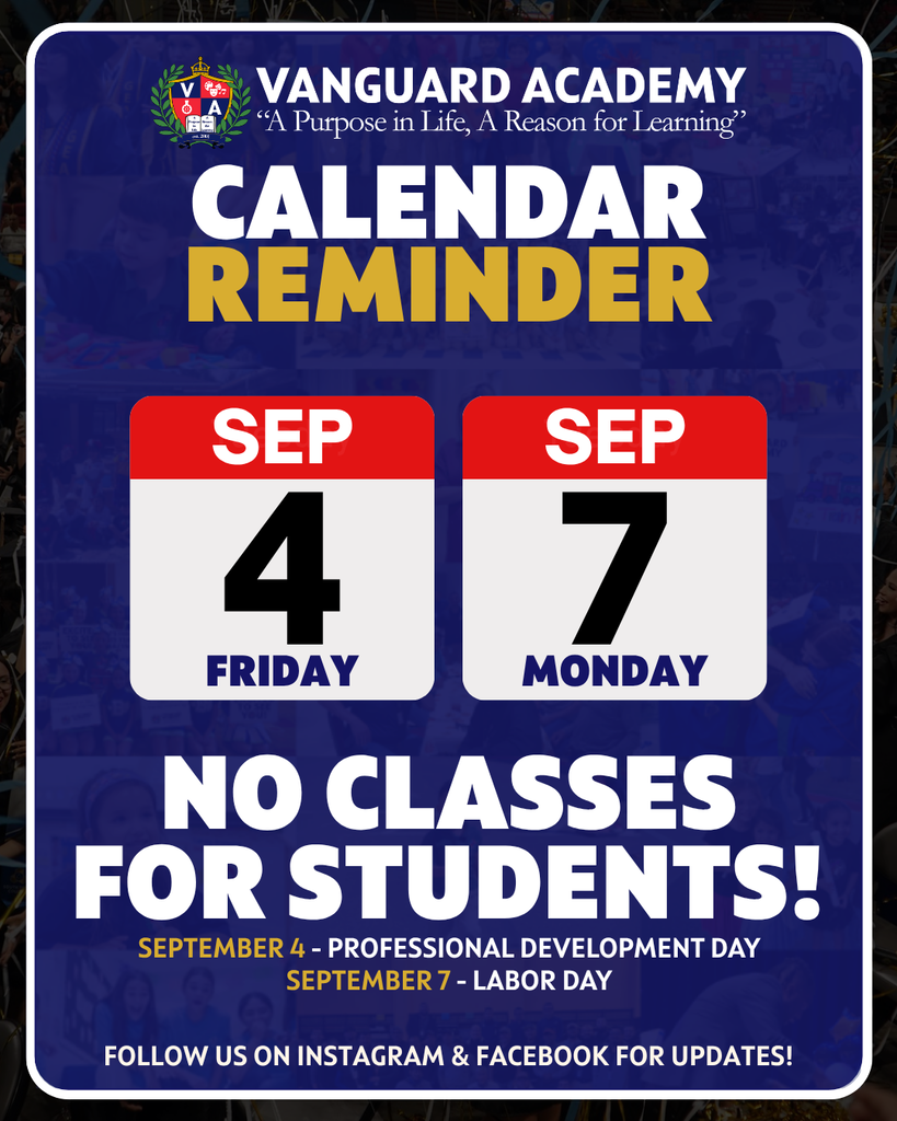 Blue banner with white text stating "Calendar Reminder" and dates September 4 and 7. Text reads "NO CLASSES FOR STUDENTS!"