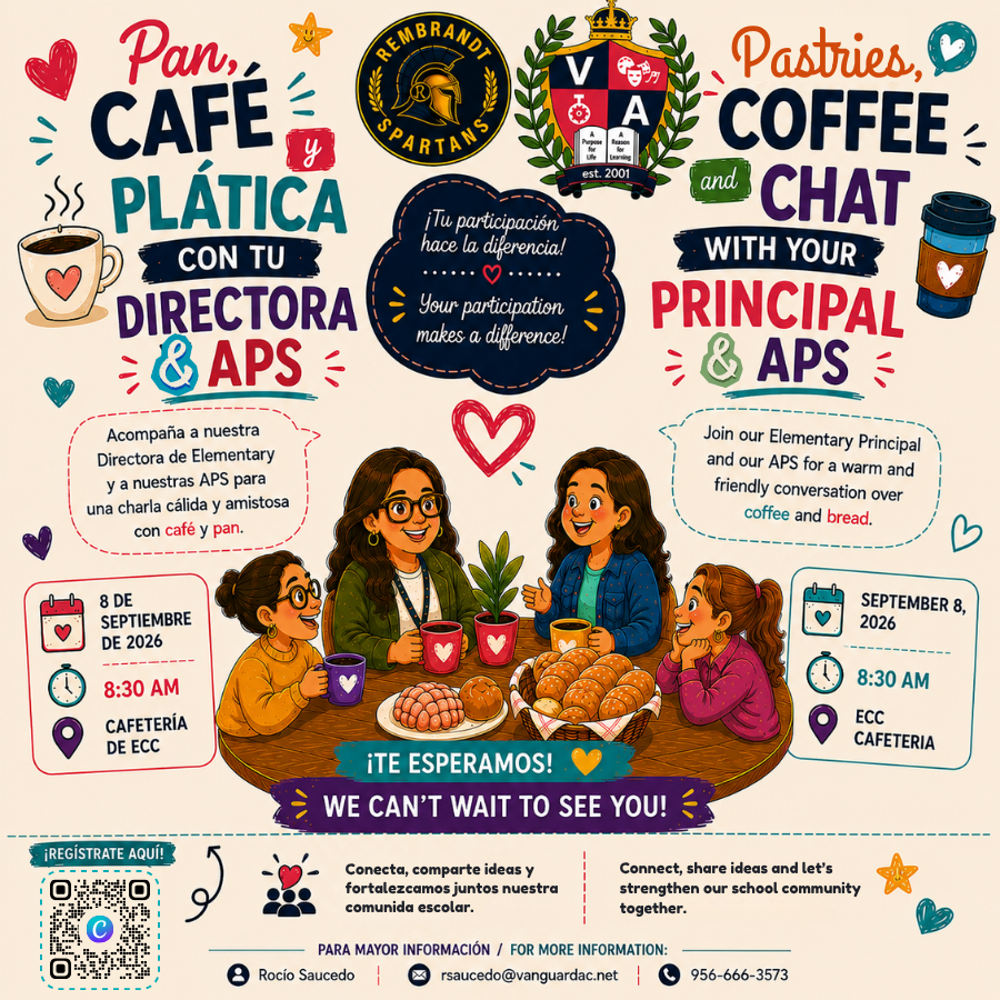 A flyer for a café event with three women and a principal sharing food, drinks, and conversation.