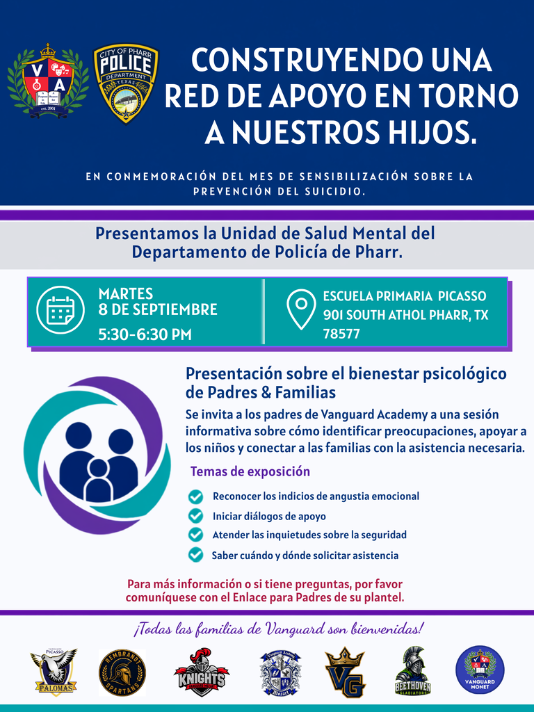 Blue and white flyer with text and icons. It reads "Constructing a Support Network Around Children." Date: September 8, Time: 5:30-6:30 PM. Location: Escuela Primaria Picasso, 901 South Athel Pharr, TX 78577.