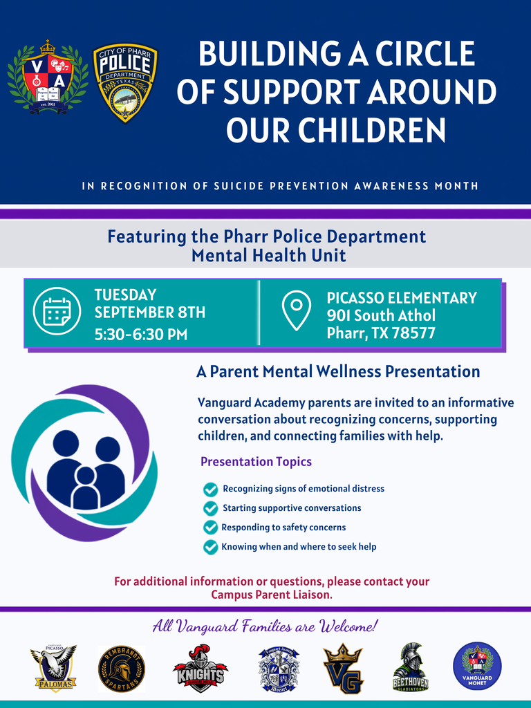 A flyer promotes a mental wellness presentation by Vanguard Academy. It features the Pharr Police Department.
