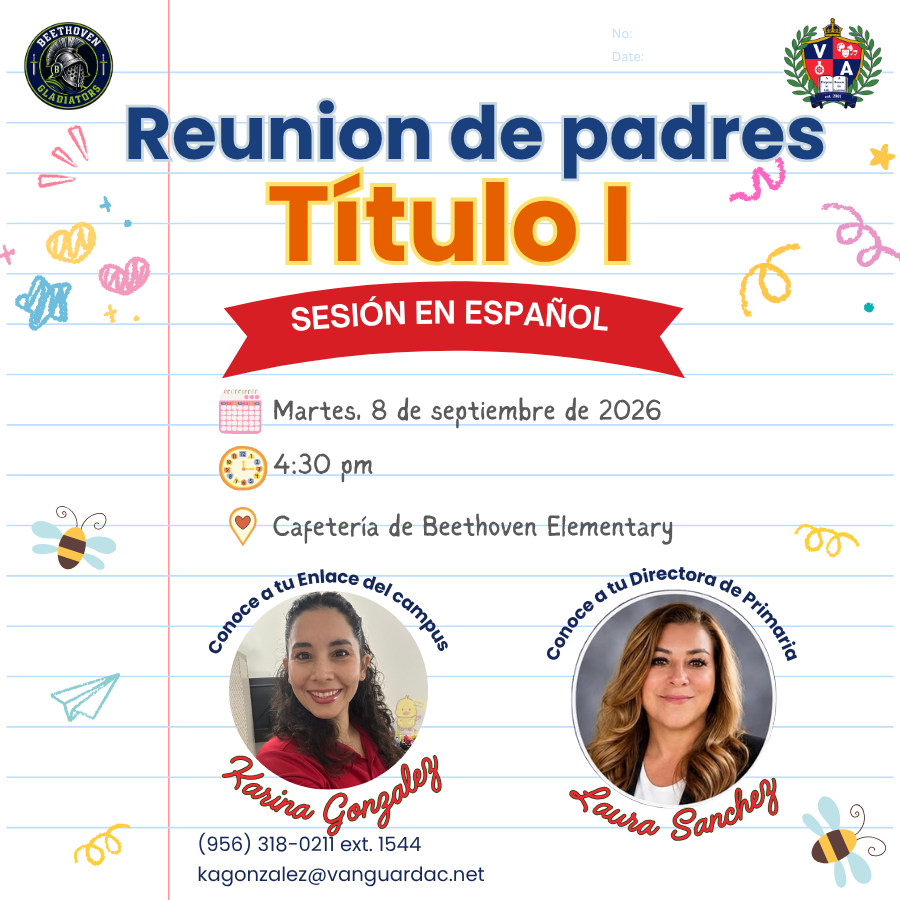 A flyer with a lined paper background. It reads "Reunion de Padres" and "Titulo I" in bold. A session date and time are listed.