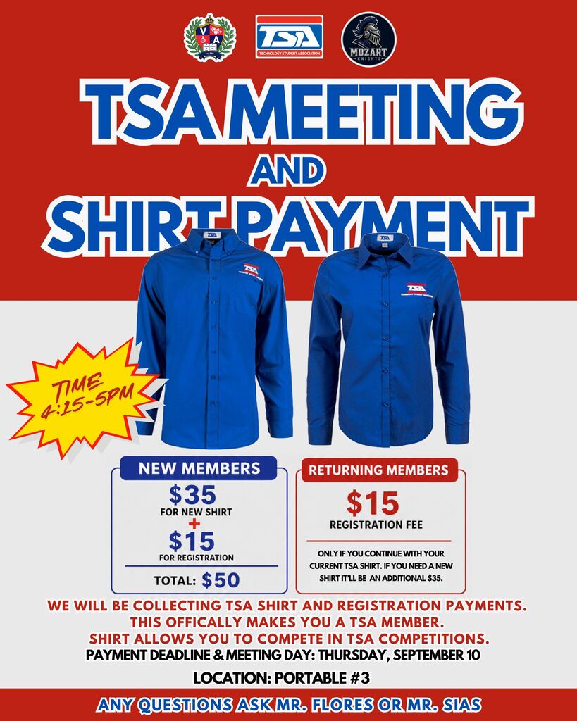 Poster with red background. It displays two blue shirts, a registration fee, and a deadline for a TSA meeting.