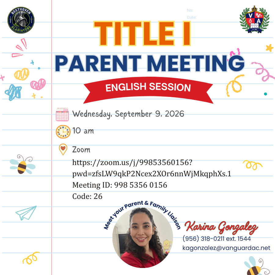 White page with blue lined paper pattern, text, and icons. Title reads "Parent Meeting" with English session information.