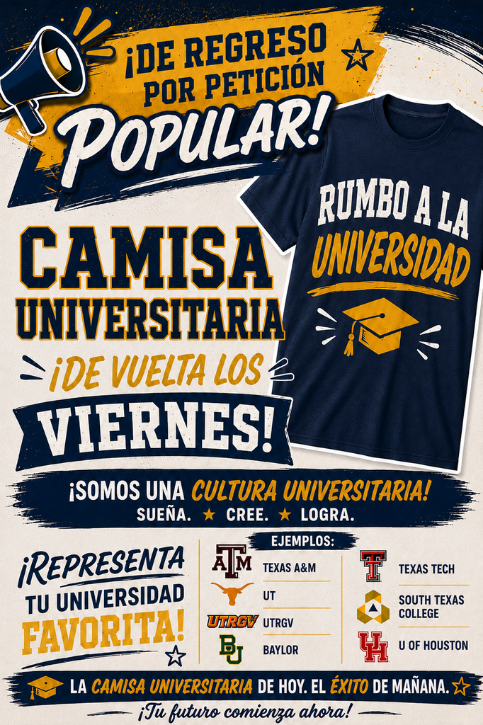 Ad poster for a university T-shirt. Text in Spanish reads "iDe Regreso Por Peticion Popular!" Design includes a cap and tassel.