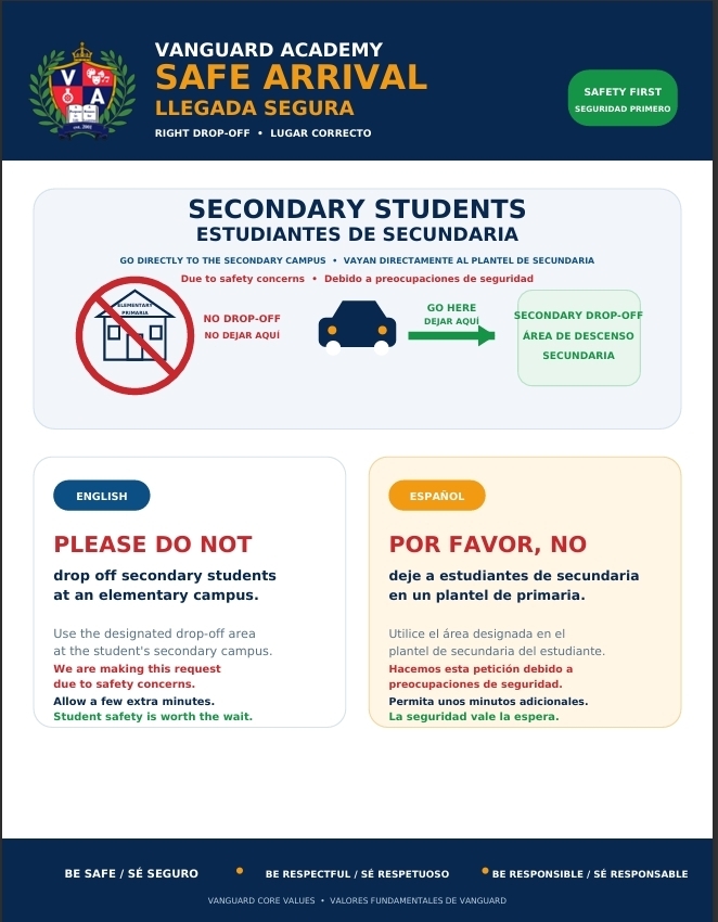 A two-panel image provides safety instructions for secondary students. One panel reads "Please do not drop off secondary students at an elementary campus" and the other "Por favor, no deje a estudiantes de secundaria en un plantel de primaria."