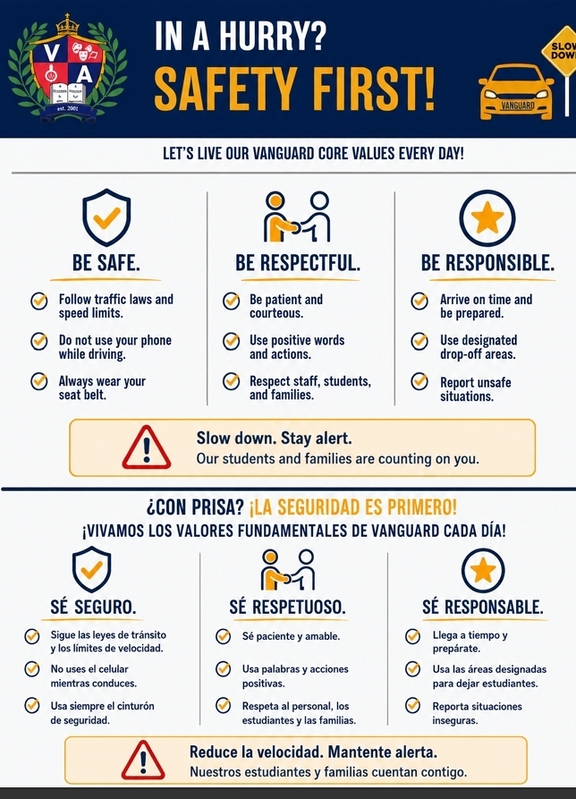 Infographic promoting safety in a hurry. It includes messages in English and Spanish, safety tips, and icons with check marks and warnings.