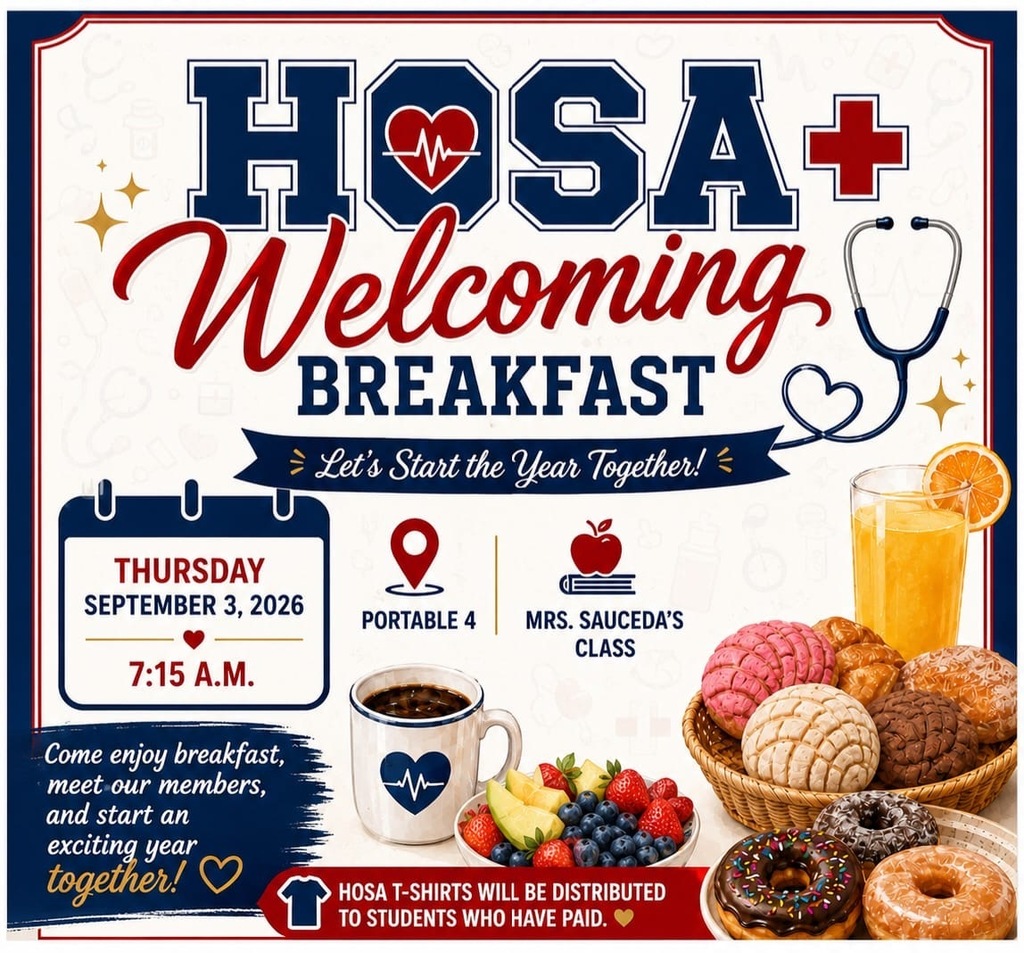 An event poster for the HOSA+ Welcoming Breakfast on September 3, 2026, at 7:15 AM. It shows a stethoscope, coffee, fruit, and breakfast foods.