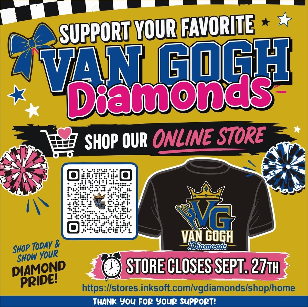 Poster advertising the Van Gogh Diamonds online store. A T-shirt is shown with a QR code to the left.