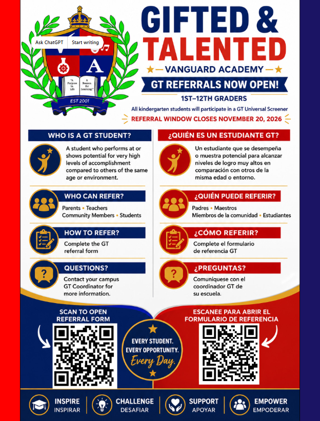 A colorful flyer for the Vanguard Academy GT Referrals. It includes a red crown, a QR code, and a list of steps.