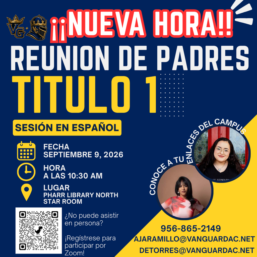A flyer with blue and yellow background. It features text in Spanish, a QR code, and two women.