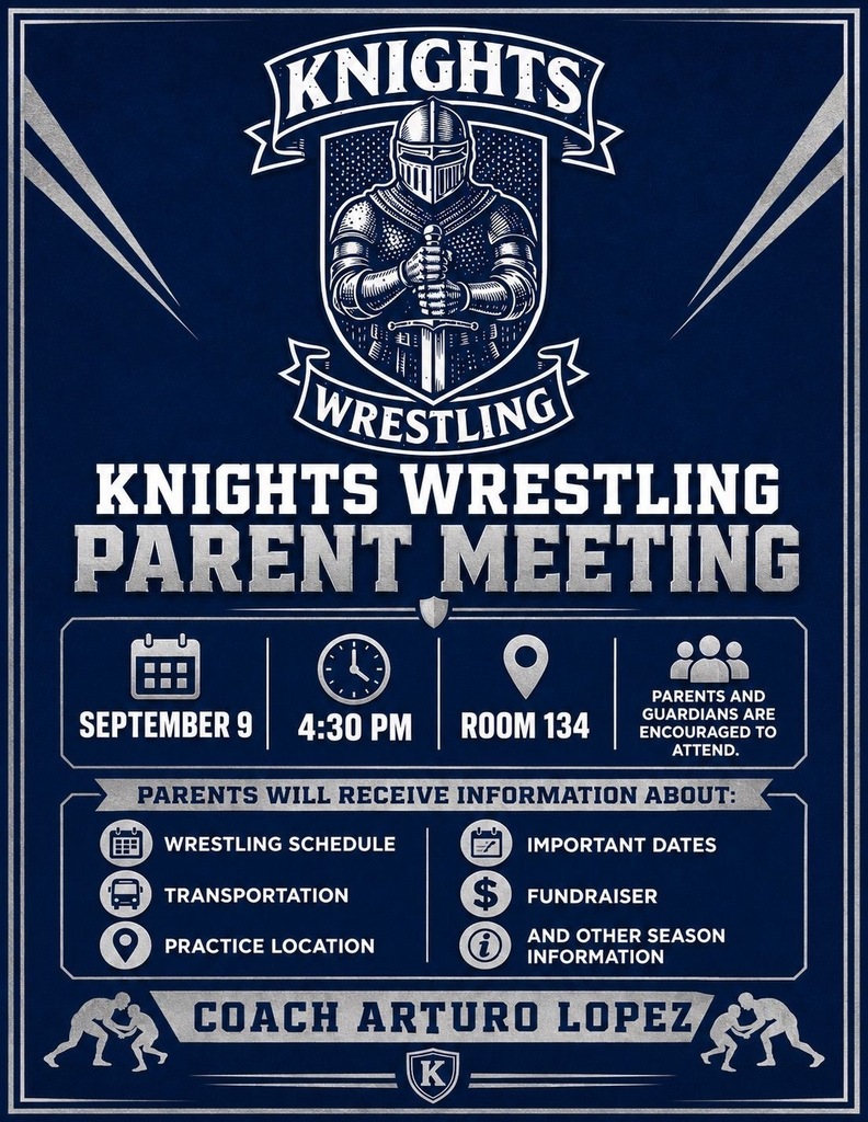 Blue poster with "KNIGHTS WRESTLING PARENT MEETING" at the top. Below, details include date, time, and location. Icons represent topics like transportation and fundraising.