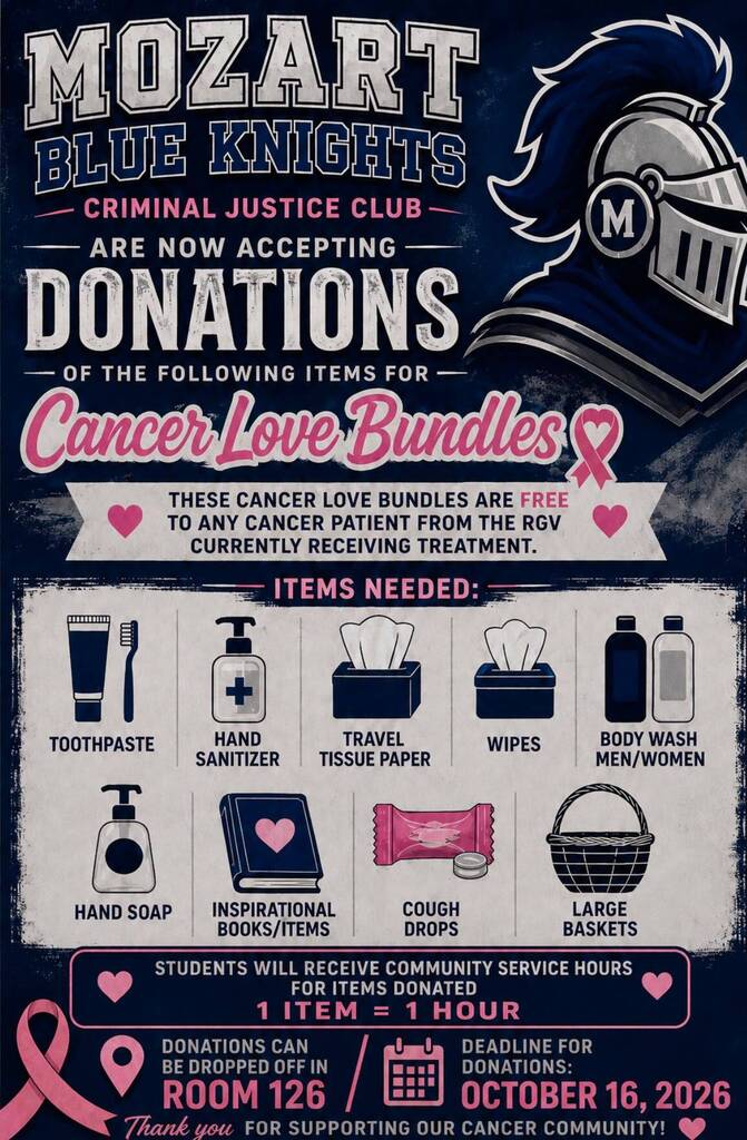 Poster with blue, black, and pink text on a white background. It promotes donations for cancer love bundles.