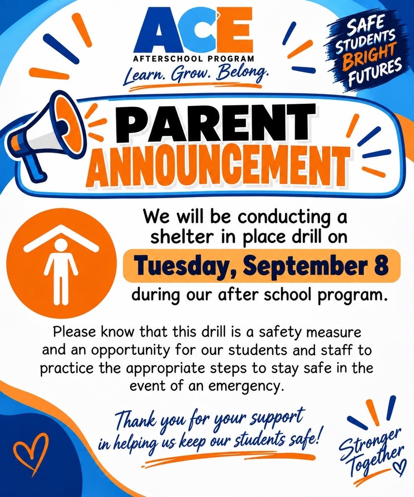 Poster with a megaphone and person icon announces a shelter-in-place drill on September 8 during an after-school program.
