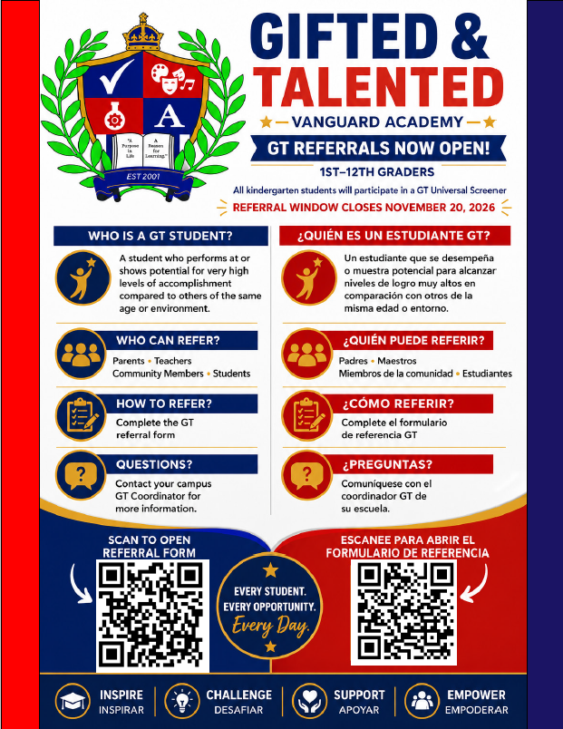 Flyer for Vanguard Academy GT referrals. Blue and red background with icons. QR code, text in English and Spanish.