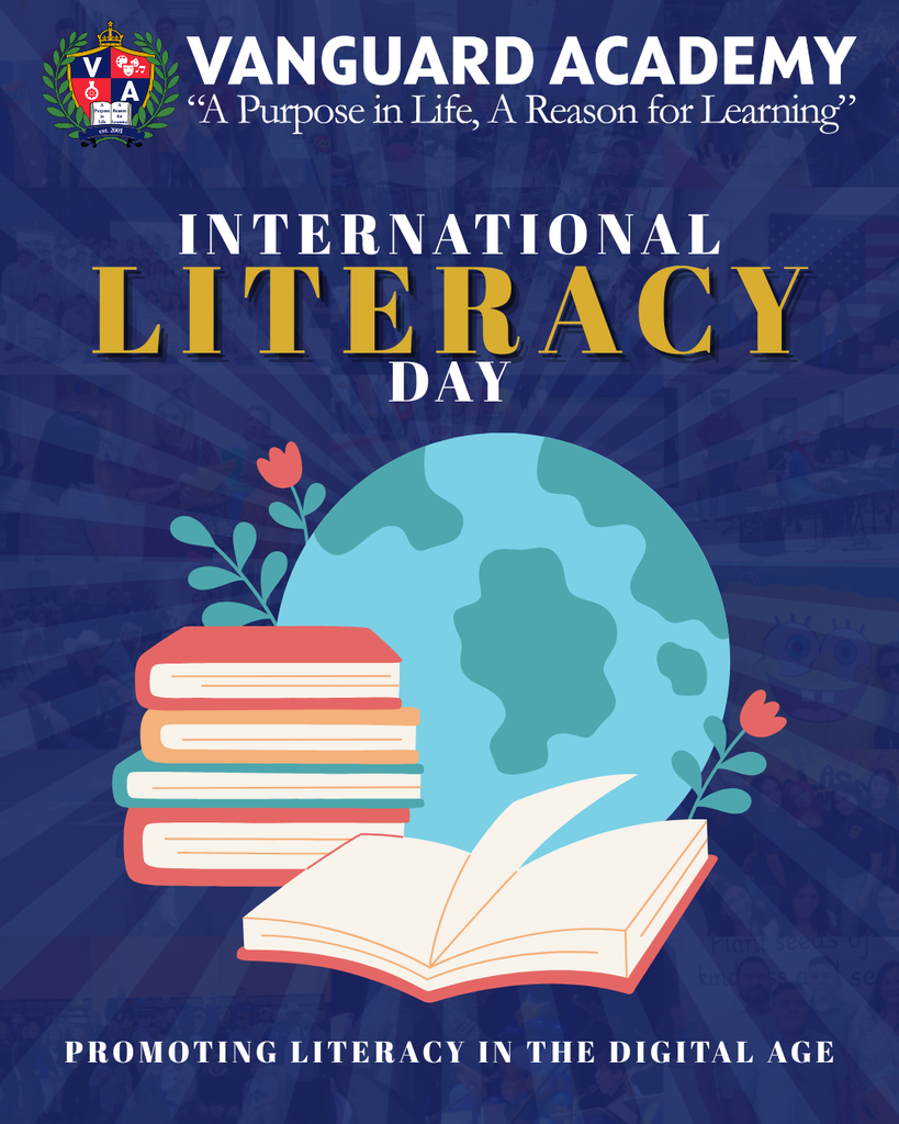 Blue poster with "International Literacy Day" text, a globe, an open book, and stacks of books.