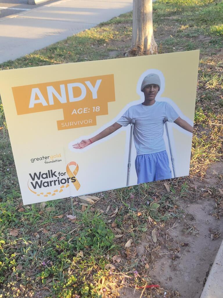 A sign on the grass shows a person named Andy, aged 18, using crutches. It reads "Walk for Warriors" at the bottom.